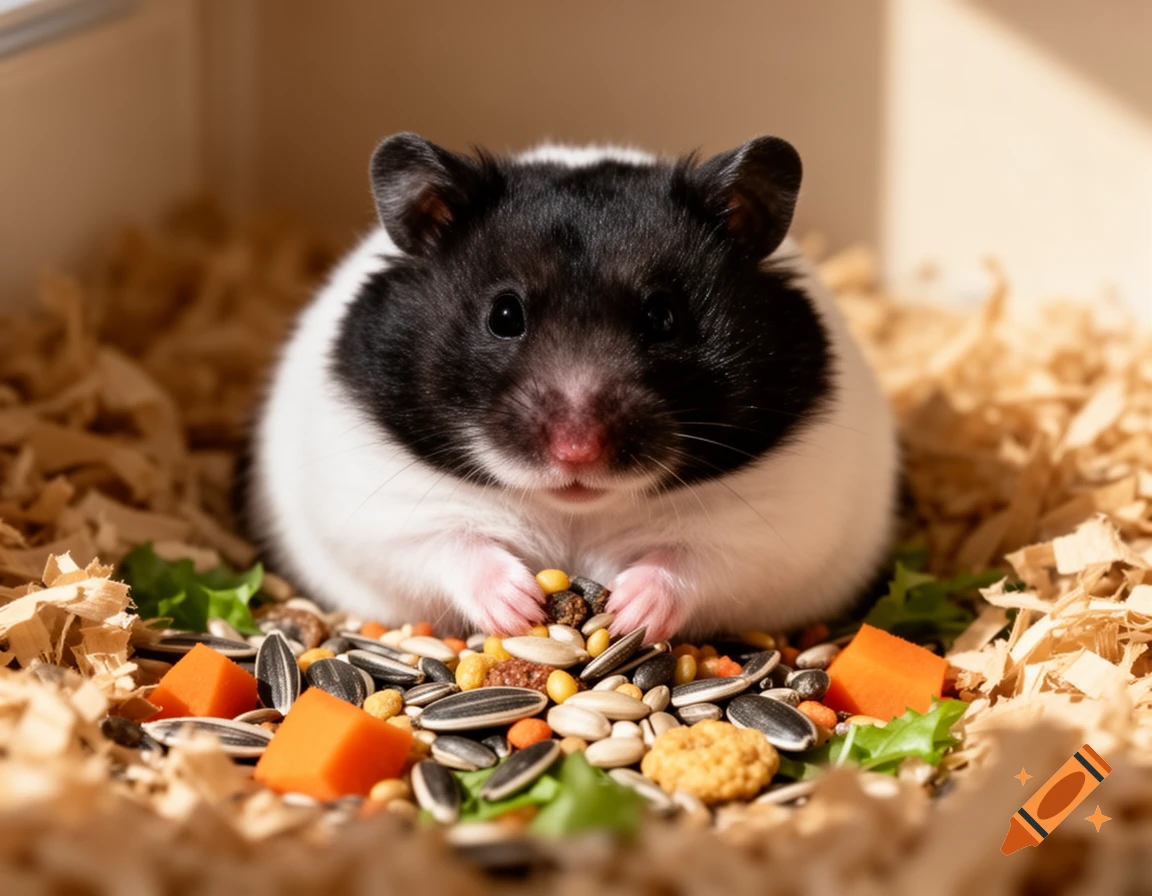 A black and white hamster sits in wood shavings, eating a pile of seeds, grains, and carrot pieces.