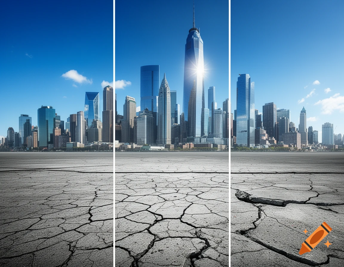 Photorealistic image of a modern cityscape with skyscrapers under a blue sky, above a foreground of dry, cracked earth.