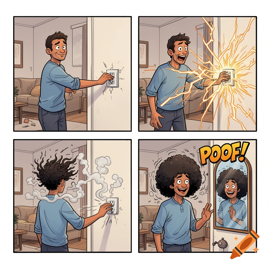 A four-panel comic showing a man getting electrocuted by a light switch, causing his hair to turn into a large afro.