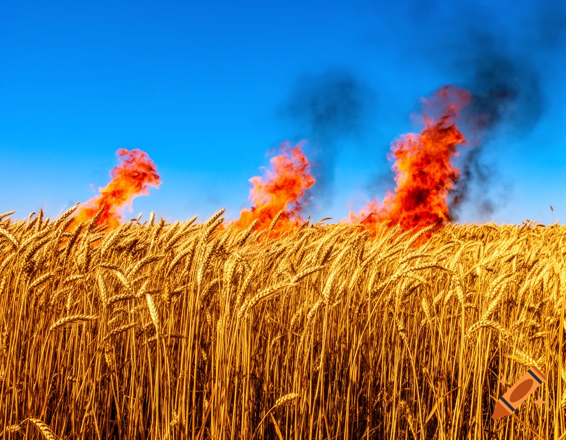 A golden wheat field on fire, with large orange flames and dark smoke rising under a bright blue sky.