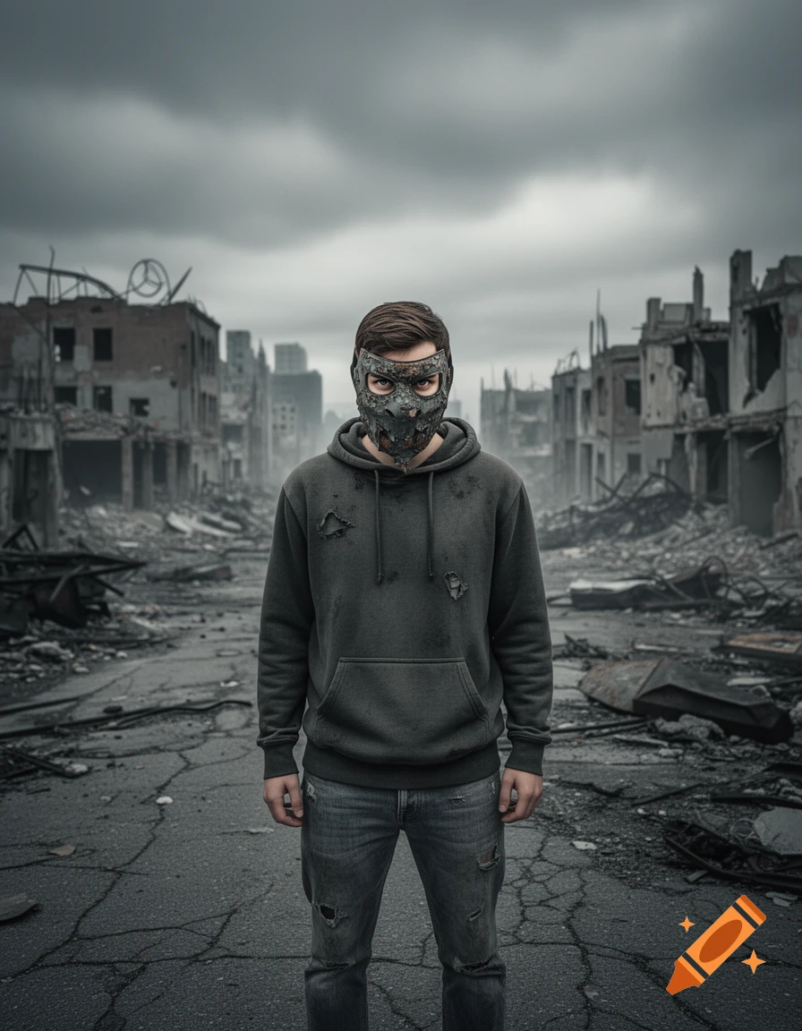 A masked man stands in the middle of a desolate, destroyed city under a cloudy sky.