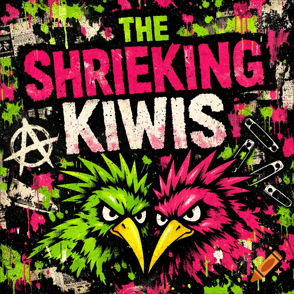 Punk style album cover with 'THE SHRIEKING KIWIS' text, featuring angry green and pink spiky bird-like creatures, an anarchy symbol, and safety pins.