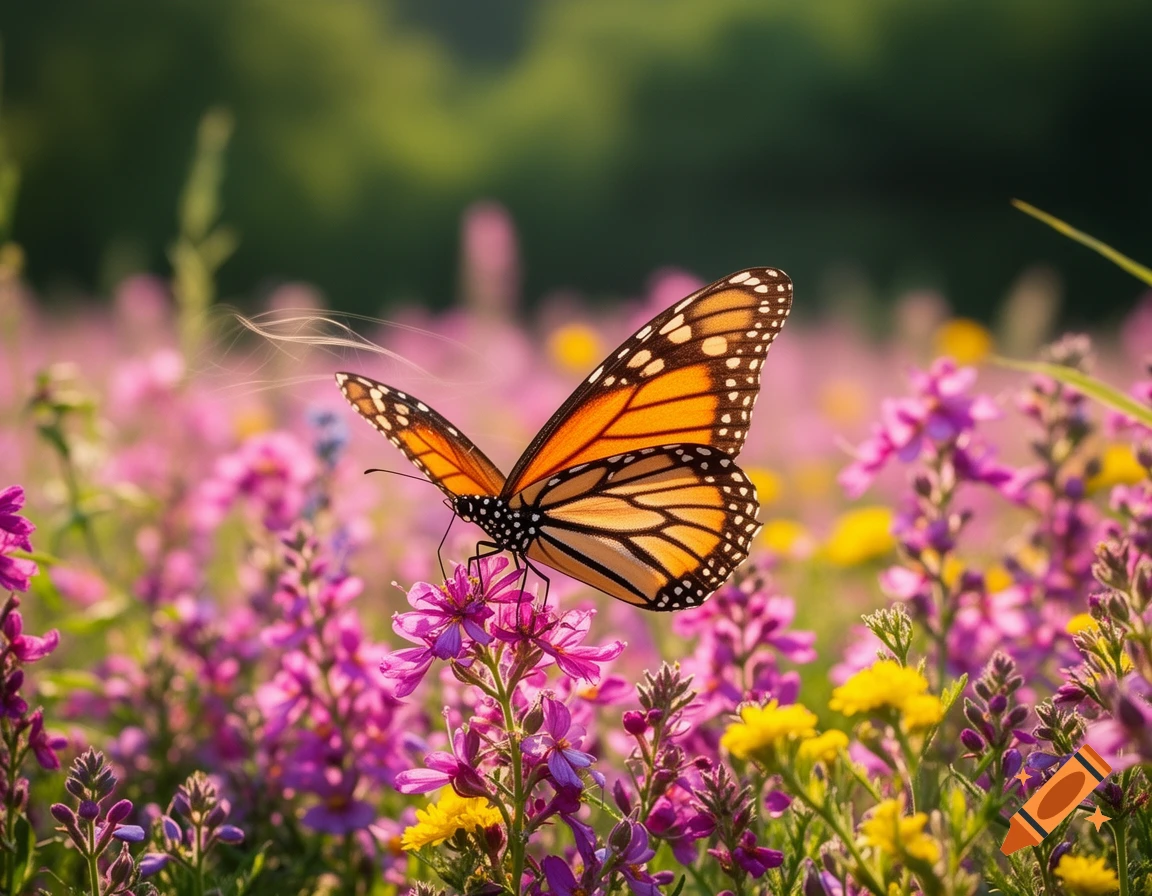 A photorealistic monarch butterfly with orange and black wings rests on a purple flower in a vibrant field of wildflowers.
