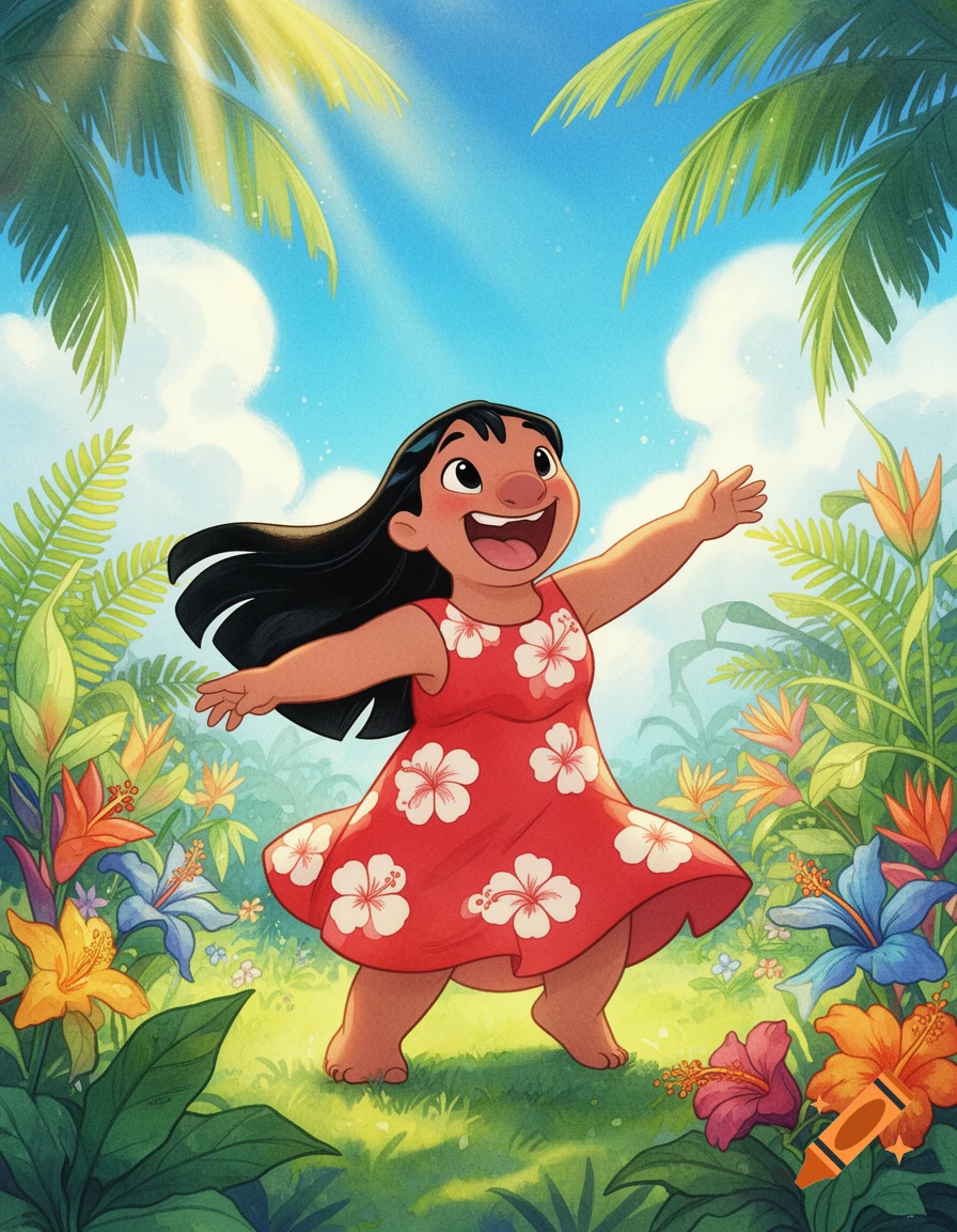 A happy cartoon character Lilo with open arms, standing in a lush tropical garden under a bright blue sky.