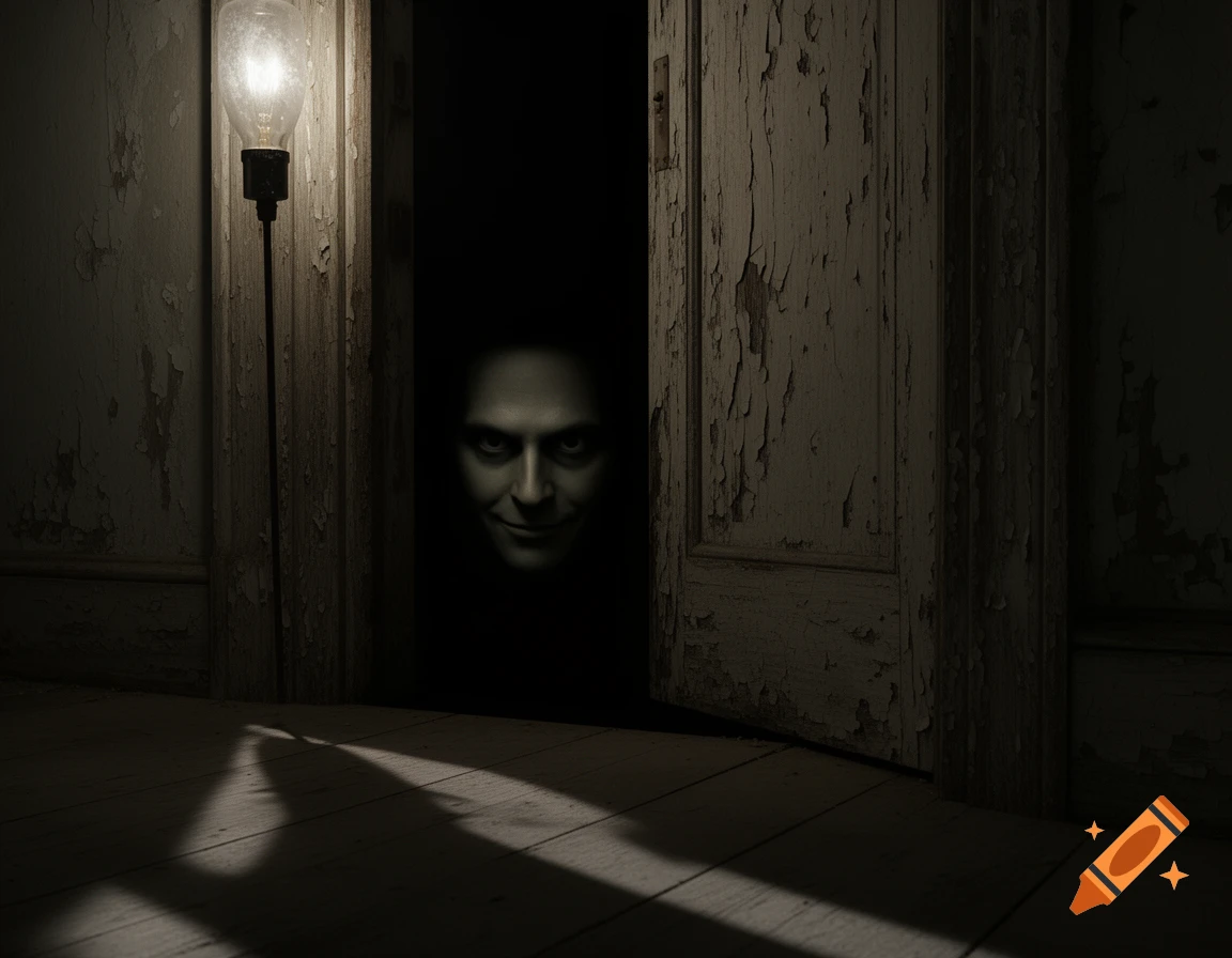 A creepy, pale face with a smirk emerges from a dark doorway into a dimly lit, dilapidated room with a single light bulb.