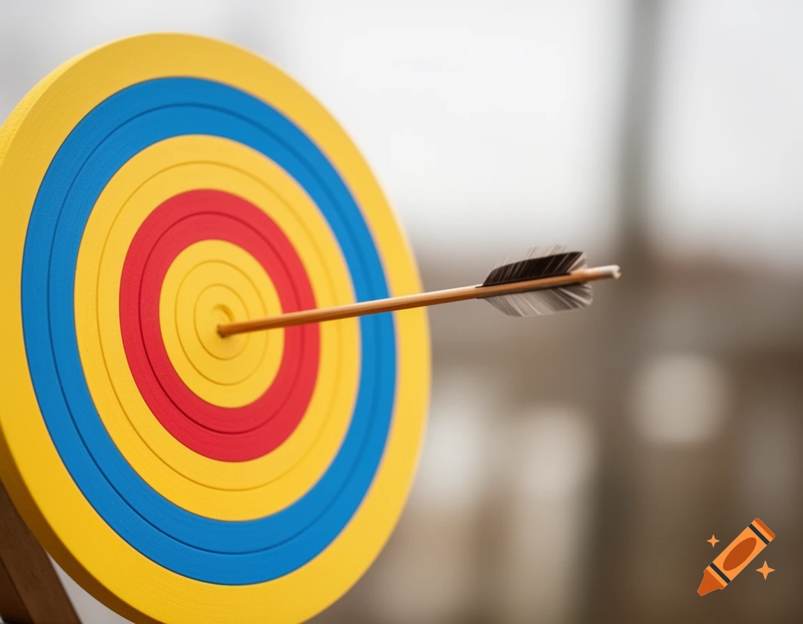 A close-up, sharp photo of an arrow hitting the bullseye of a colorful red, blue, and yellow target.