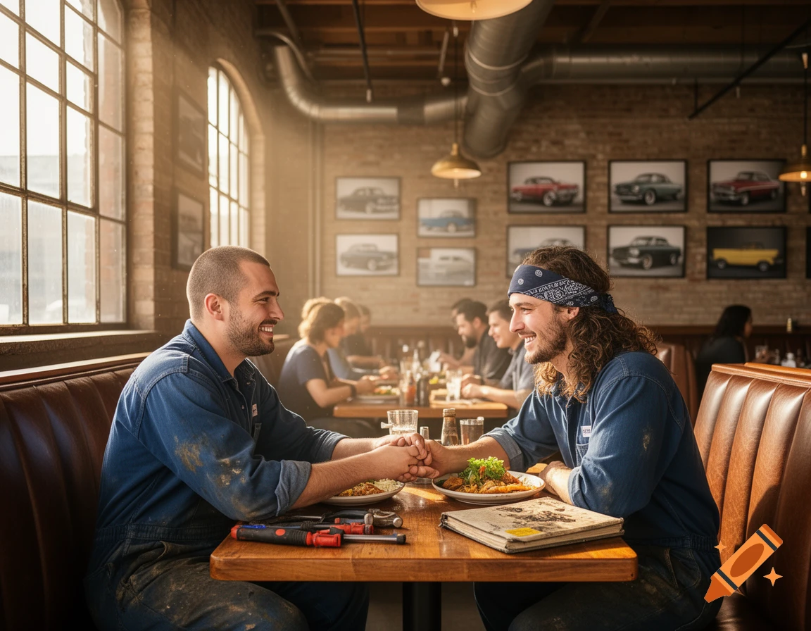 Two smiling men in mechanic overalls hold hands across a table in a sunlit diner, surrounded by brick walls and car art. Photorealistic.