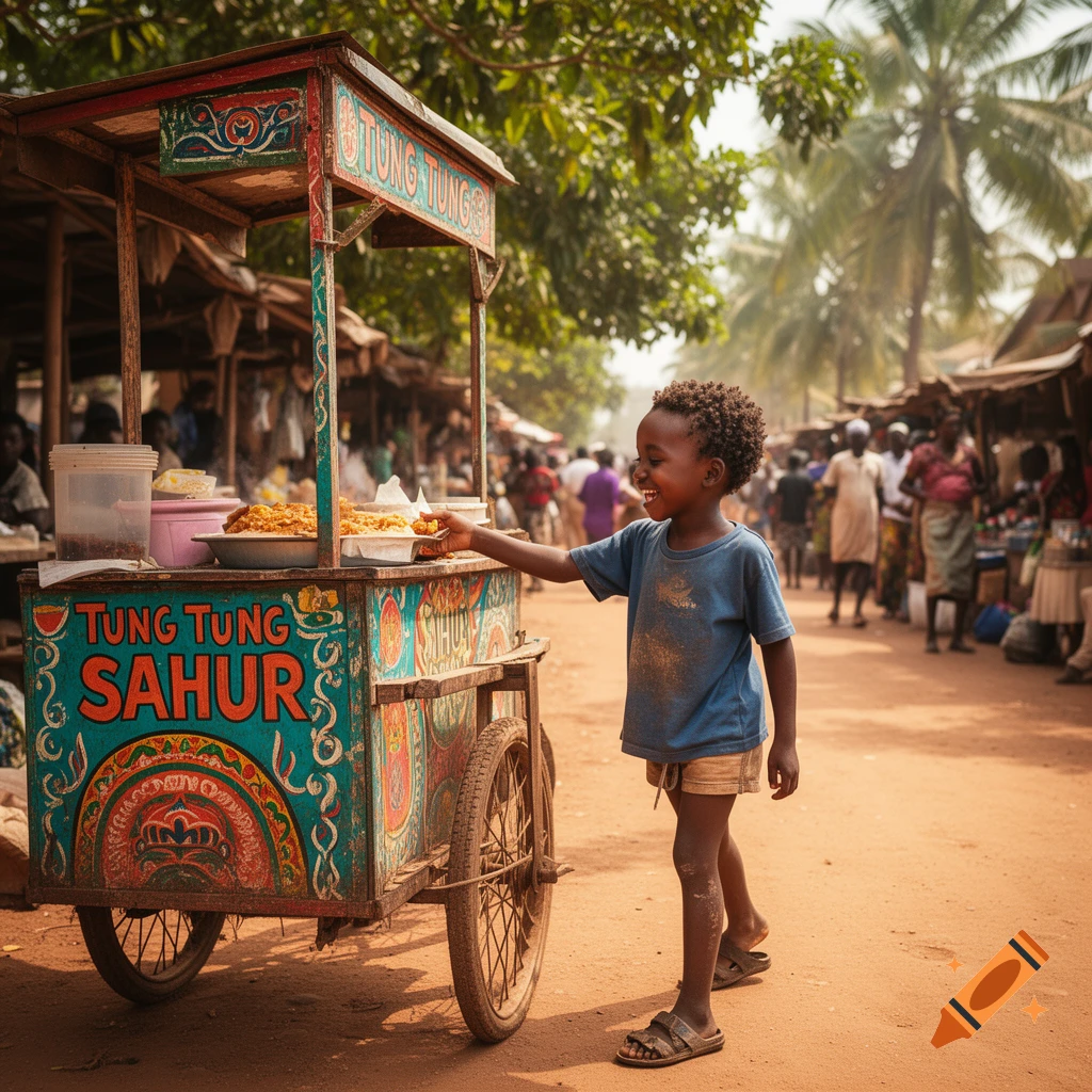 Smiling African boy taking food from a colorful street cart labeled 'TUNG TUNG SAHUR' in a vibrant market.