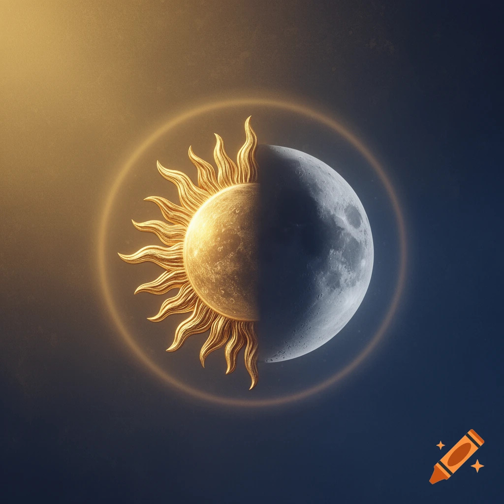 A symbolic image depicting half a golden sun with rays and half a grey moon, encircled by a glowing halo, against a dark blue to golden gradient background.