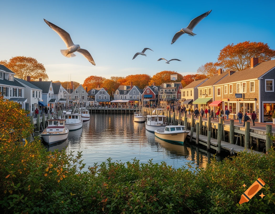 Photorealistic view of a scenic harbor town with fishing boats docked along wooden piers. People stroll along the waterfront promenade lined with charming shops and homes with colorful autumn trees in the background. Seagulls fly overhead in a clear blue sky.