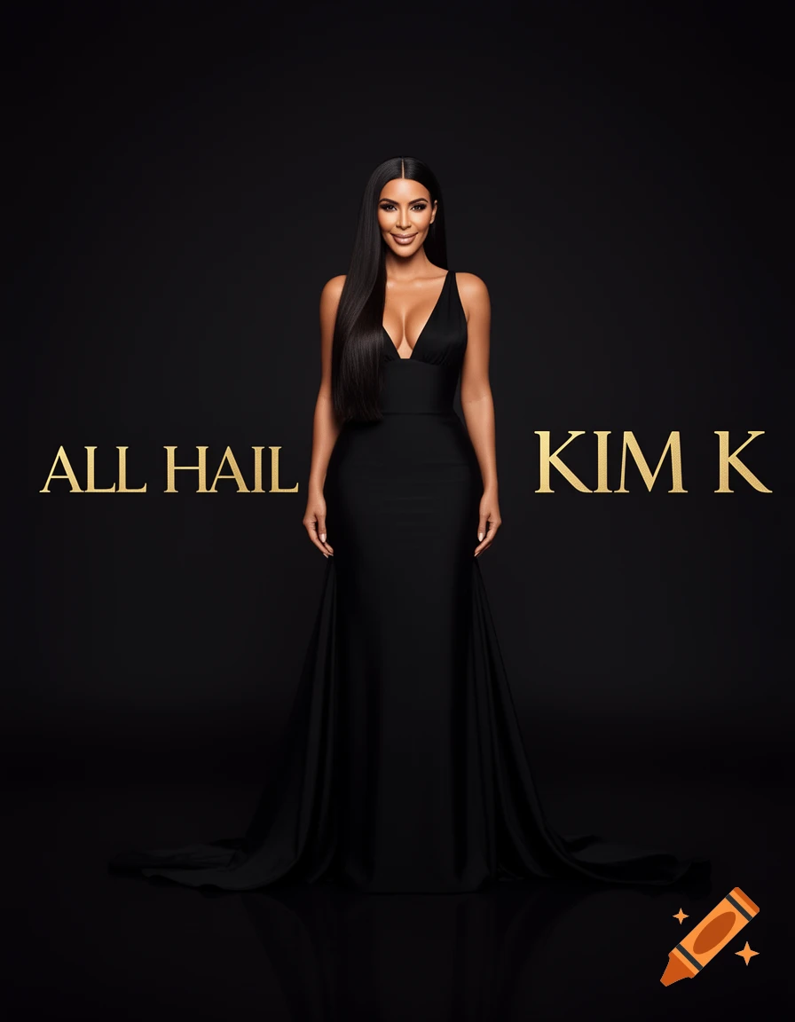 Photorealistic portrait of Kim Kardashian in a black evening gown standing against a black background with 'ALL HAIL KIM K' in gold text.