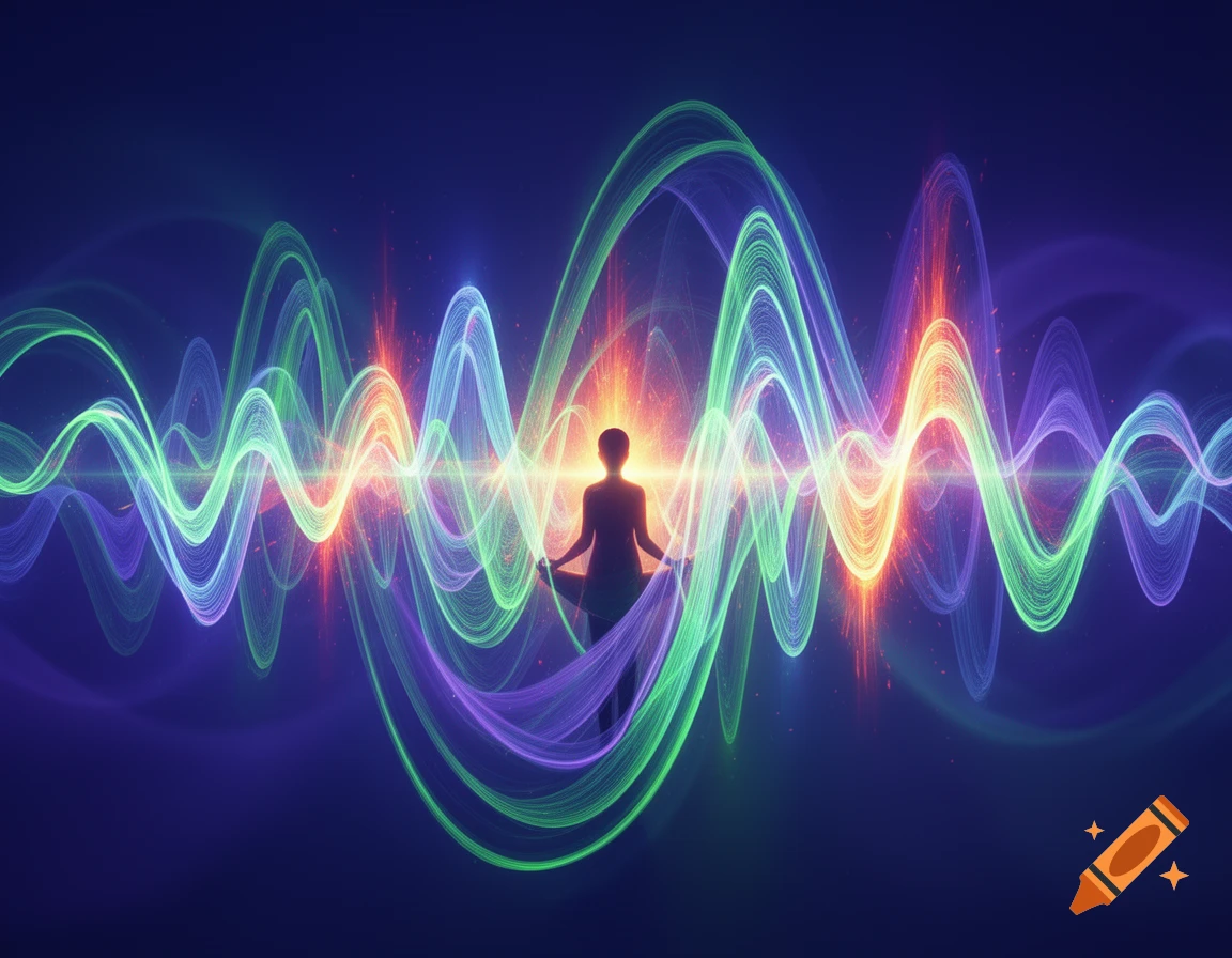 A serene silhouette stands amidst vibrant, swirling green, blue, purple, and orange abstract light waves.