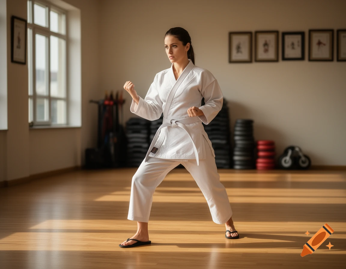 A woman in a white karate gi and flip-flops stands in a martial arts stance in a sunlit dojo.