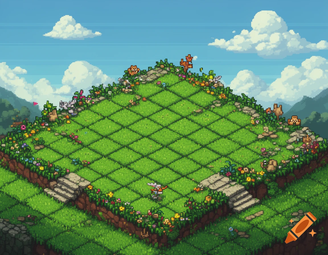 Pixel art isometric game board with green checkered grass, flowers, stone paths, and small pixelated figures under a blue sky with clouds.