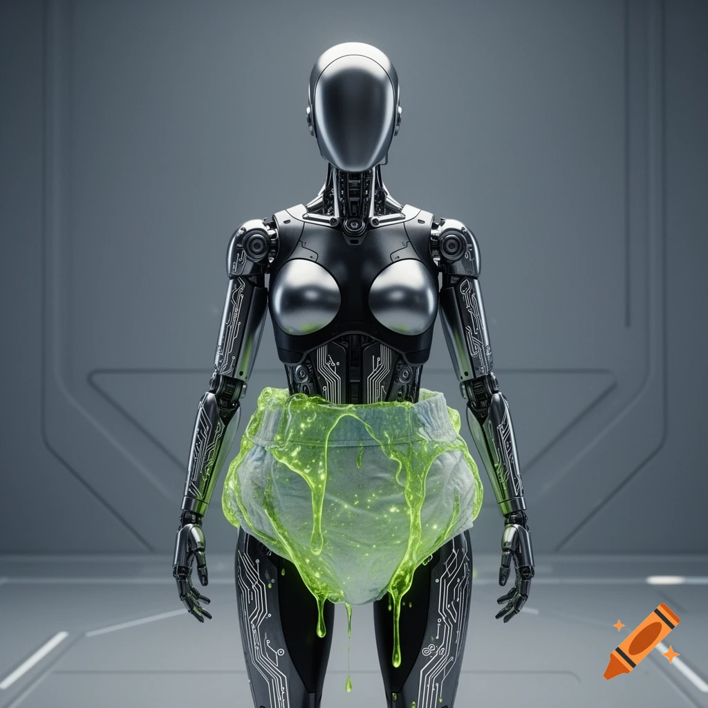 A faceless robot with metallic body and circuit patterns wears a large diaper oozing glowing green slime in a sterile sci-fi room.