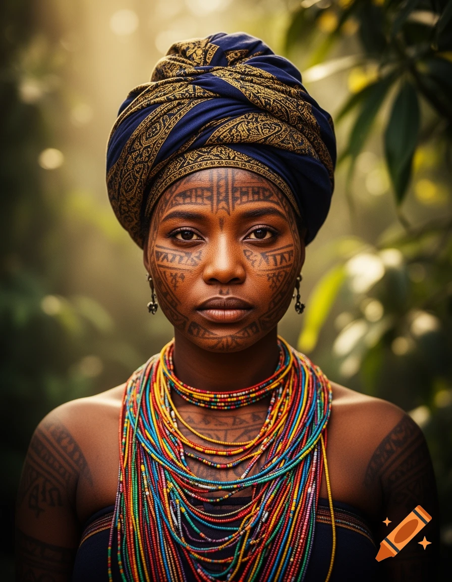 Close-up photorealistic portrait of a woman with tribal face markings, a blue patterned turban, and many colorful beaded necklaces against a soft jungle background.