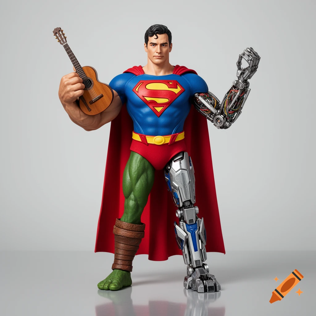Photorealistic Superman action figure with a muscular arm holding a guitar, a Terminator arm, a Ninja Turtle leg, and a Transformer leg.