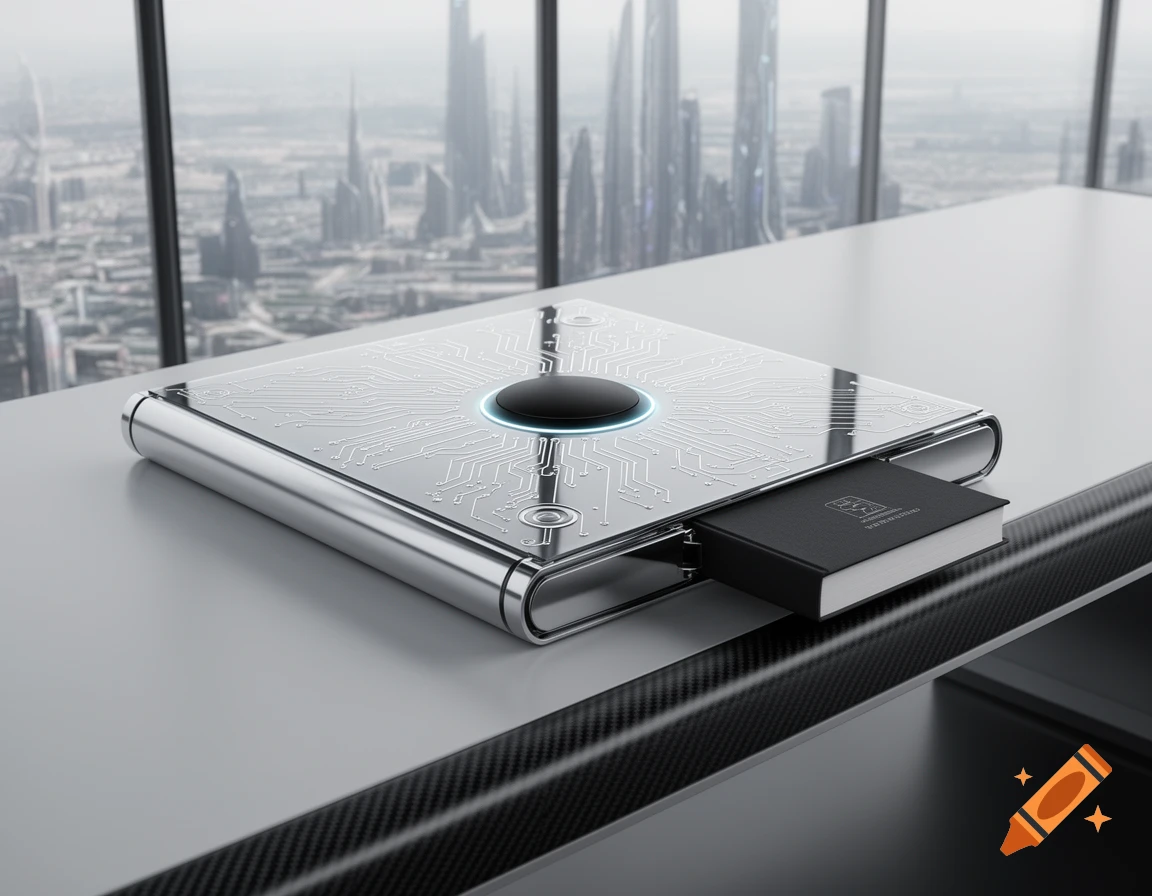 A futuristic silver device resembling a book, with circuit patterns and a glowing blue button, ejects a small black book onto a desk overlooking a futuristic cityscape.