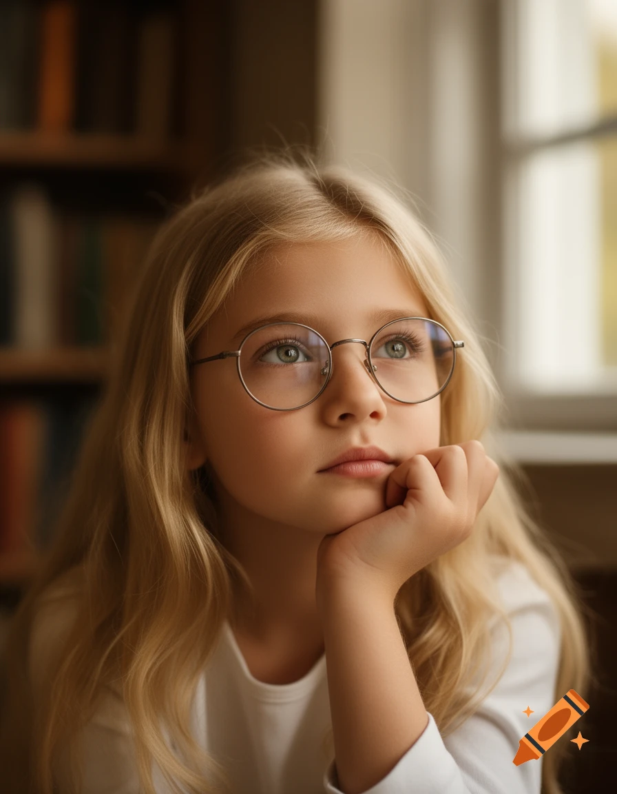 A blonde girl with glasses looks up thoughtfully, her chin resting on her hand, in a soft-focus indoor setting.