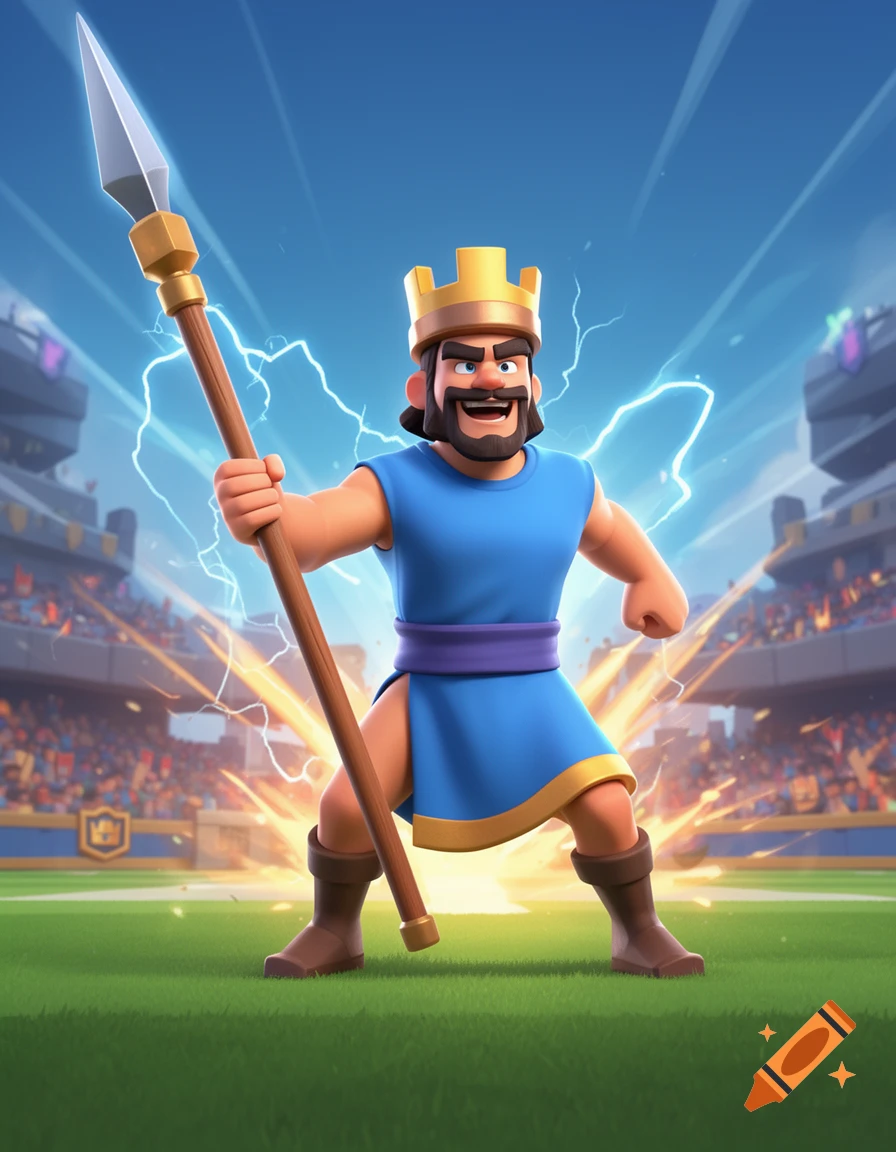 A stylized bearded king in a blue tunic and crown stands on a green field, holding a spear, with lightning in the stadium background.