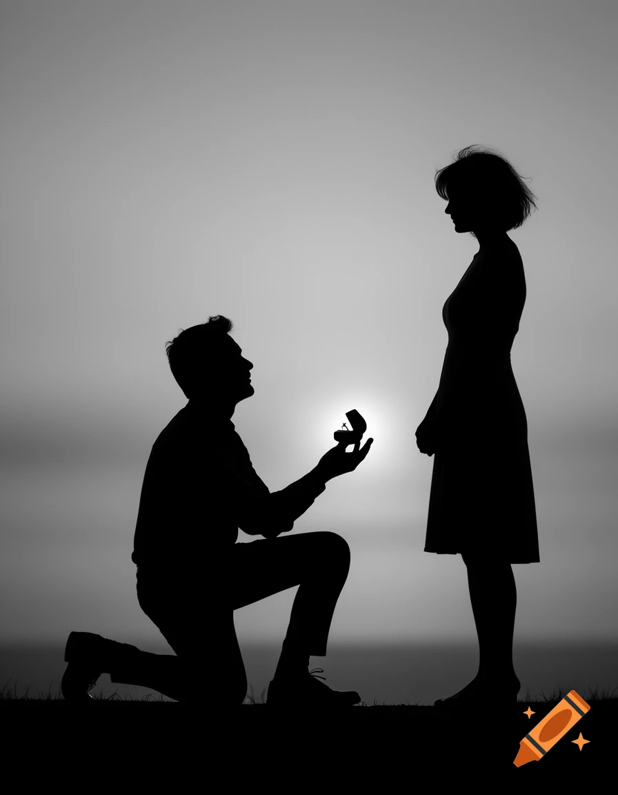 A man kneels, proposing to a woman with a ring box, depicted as black and white silhouettes.