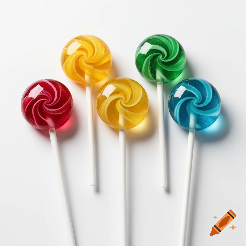 Five colorful swirl lollipops in red, yellow, green, and blue arranged on a clean white background.
