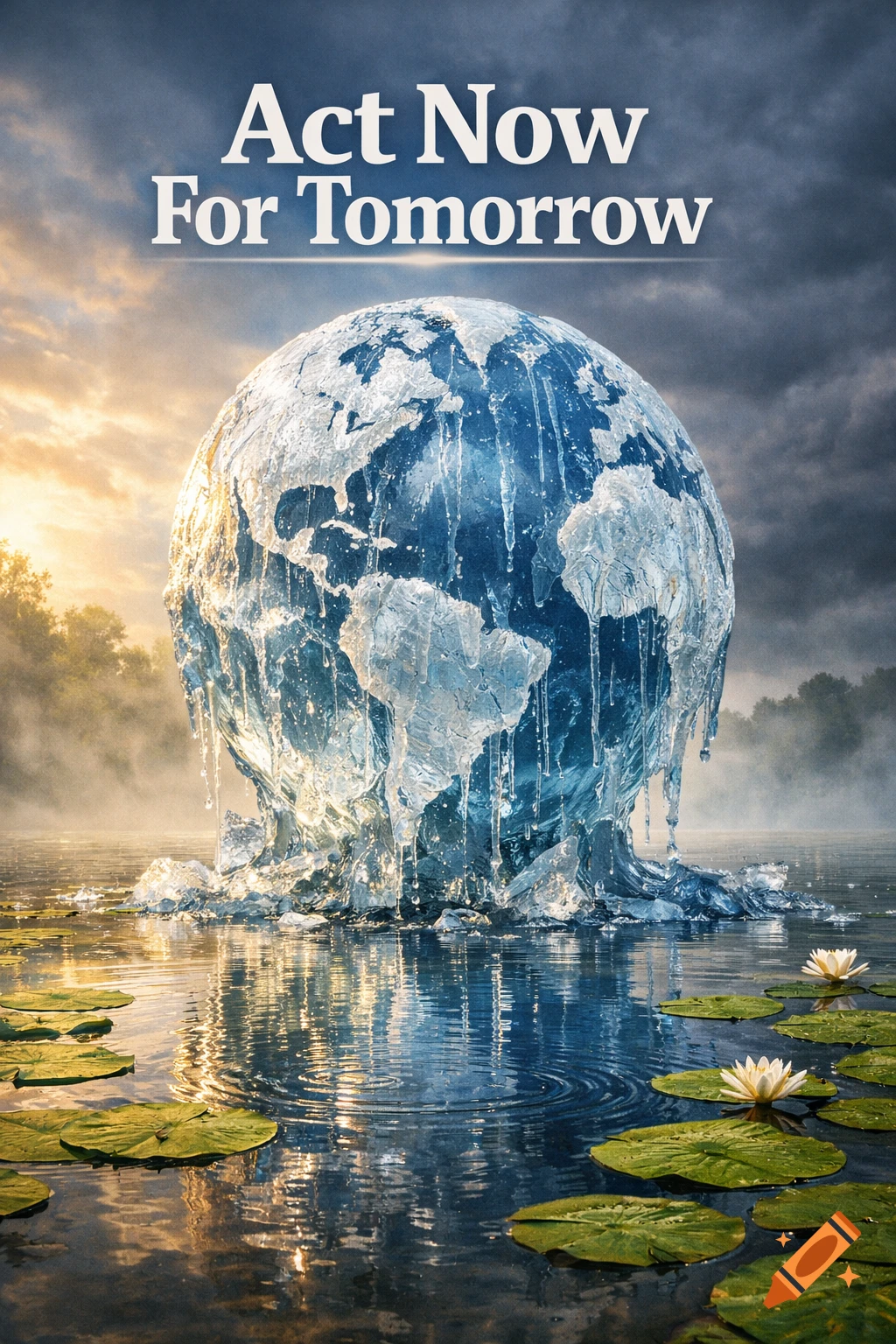 Photorealistic image of a melting globe made of ice and water, rising from a lake with lily pads, under a dramatic sky, with the text "Act Now For Tomorrow".