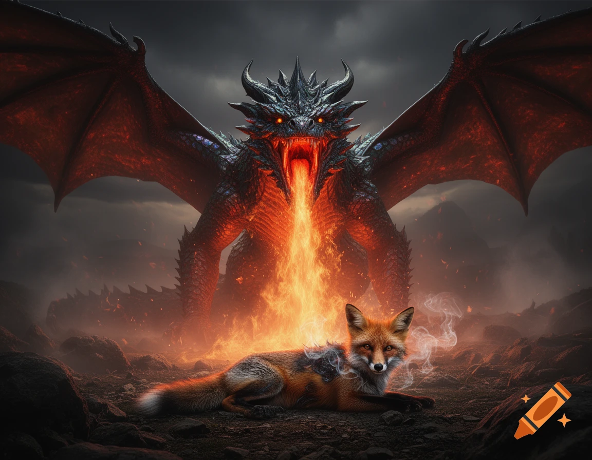 A dark dragon with glowing eyes breathes fire at a singed red fox lying on a smoky, rocky landscape.