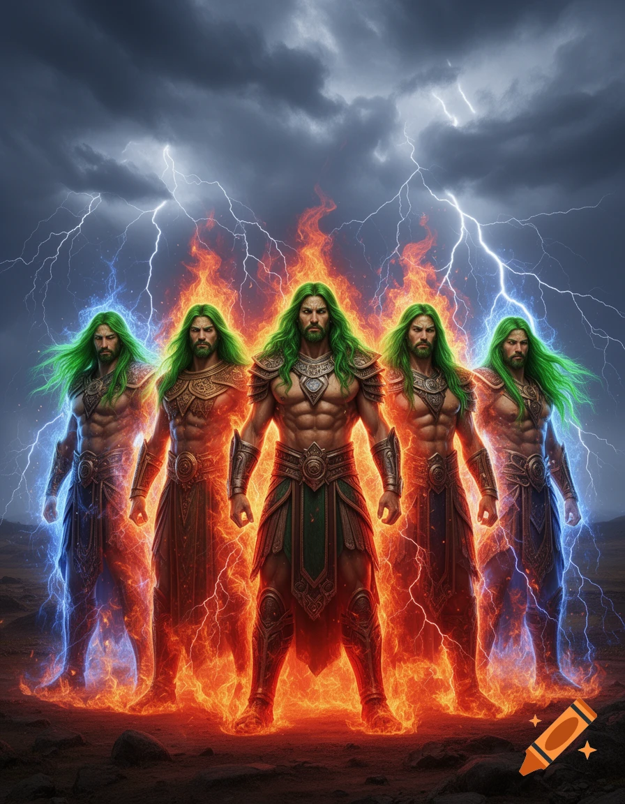Four muscular, green-haired gods with fire and lightning auras stand against a stormy sky, in a realistic fantasy style.