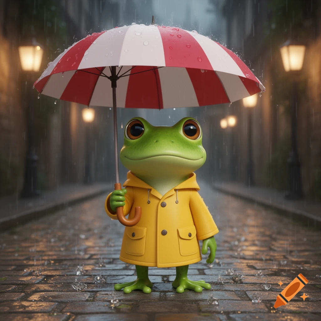 A cute 3D cartoon frog with big eyes wears a yellow raincoat, holding a red and white striped umbrella on a wet cobblestone street in the rain.