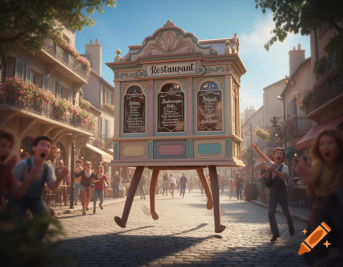 A whimsical, ornate restaurant building with legs runs through a quaint European street, as startled people react.