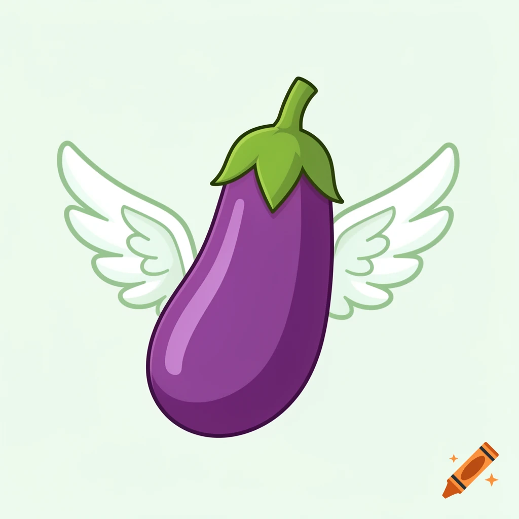 A cartoon purple eggplant with a green stem and small white wings on a light green background.
