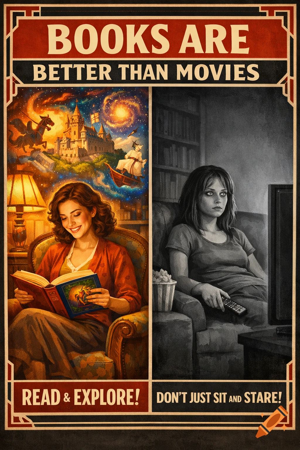 Propaganda poster showing a smiling woman reading a book with fantasy scenes vs. a desaturated woman in a 'zombie-like' trance watching TV.