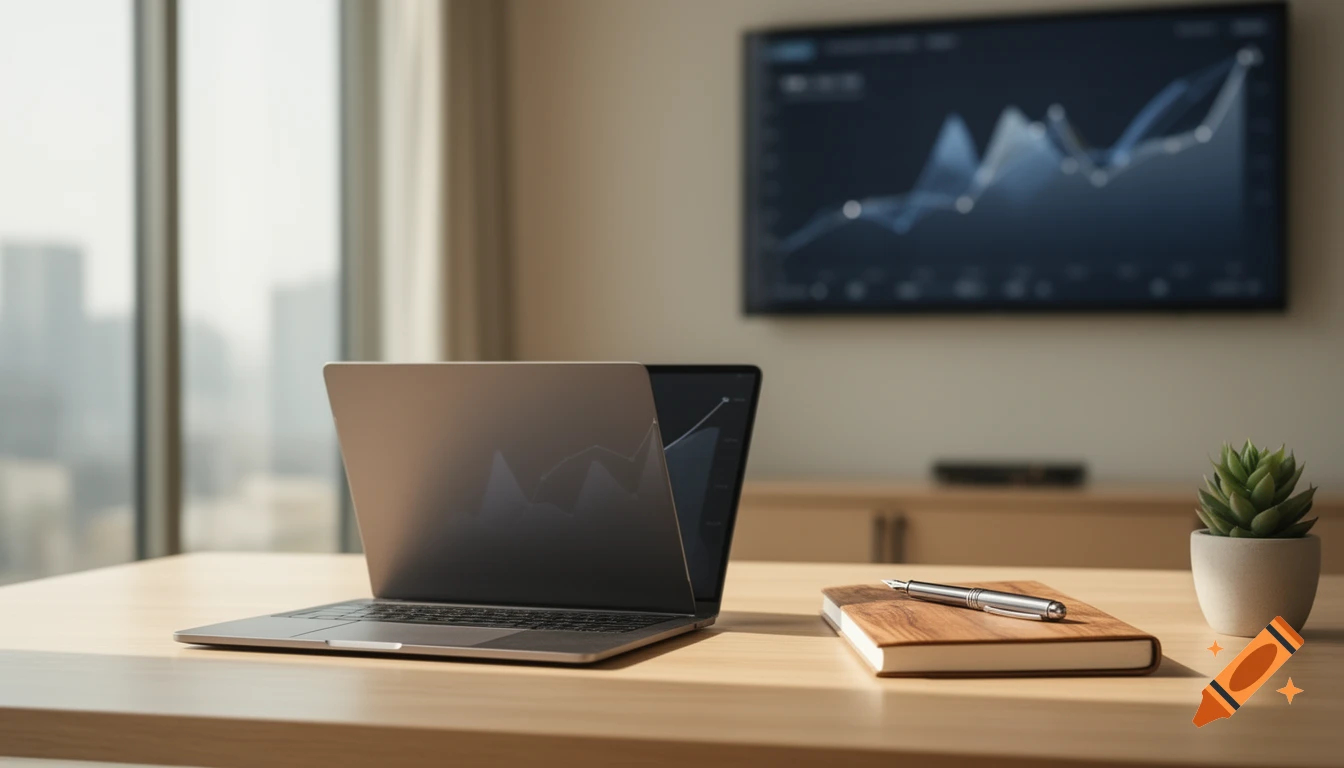 A minimalist workspace with a laptop, notebook, and pen on a wooden desk, a TV displaying a financial graph, and a city view.