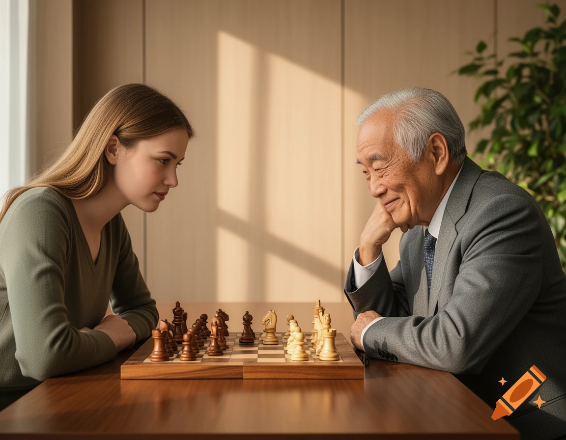 A young woman and an old Asian man are focused on a game of chess at a wooden table in a sunlit room. The man is smiling.
