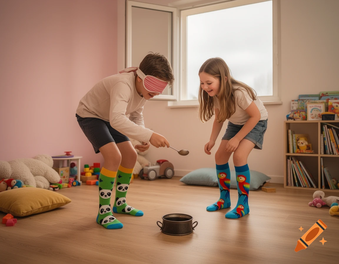 Two young children playing a blindfolded spoon game in a brightly lit room. The boy wears panda socks, the girl parrot socks.