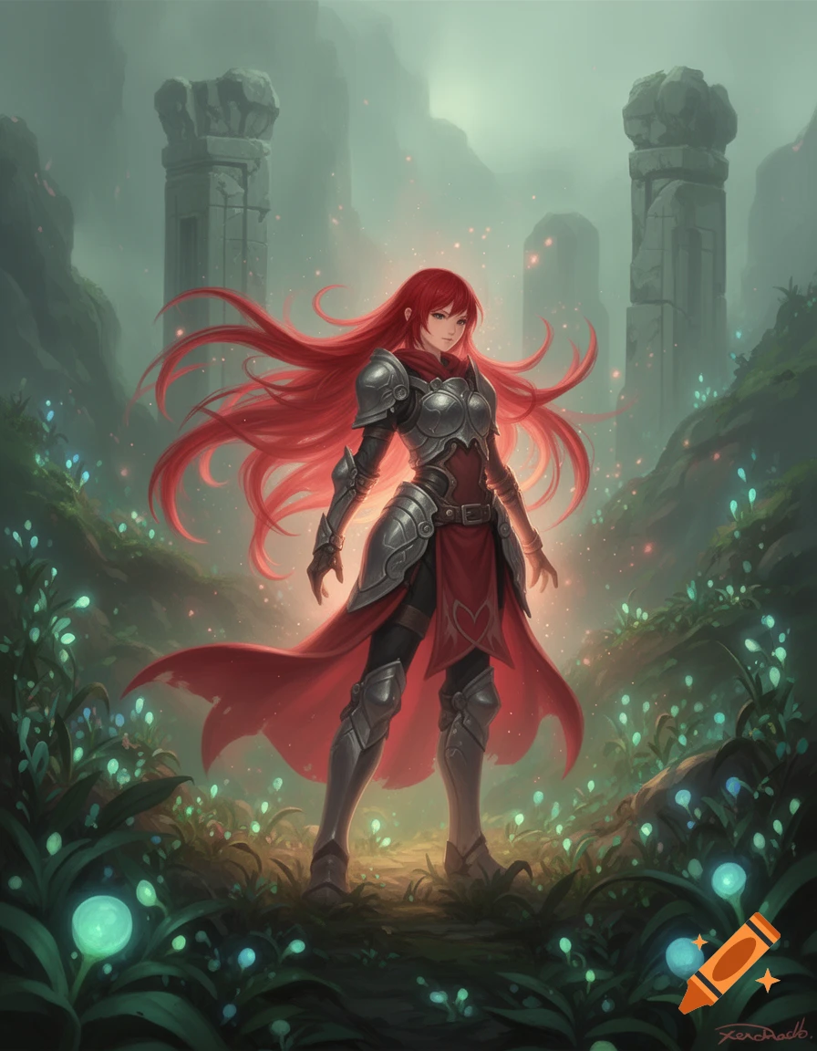 An anime-style female warrior with long flowing red hair and silver ...