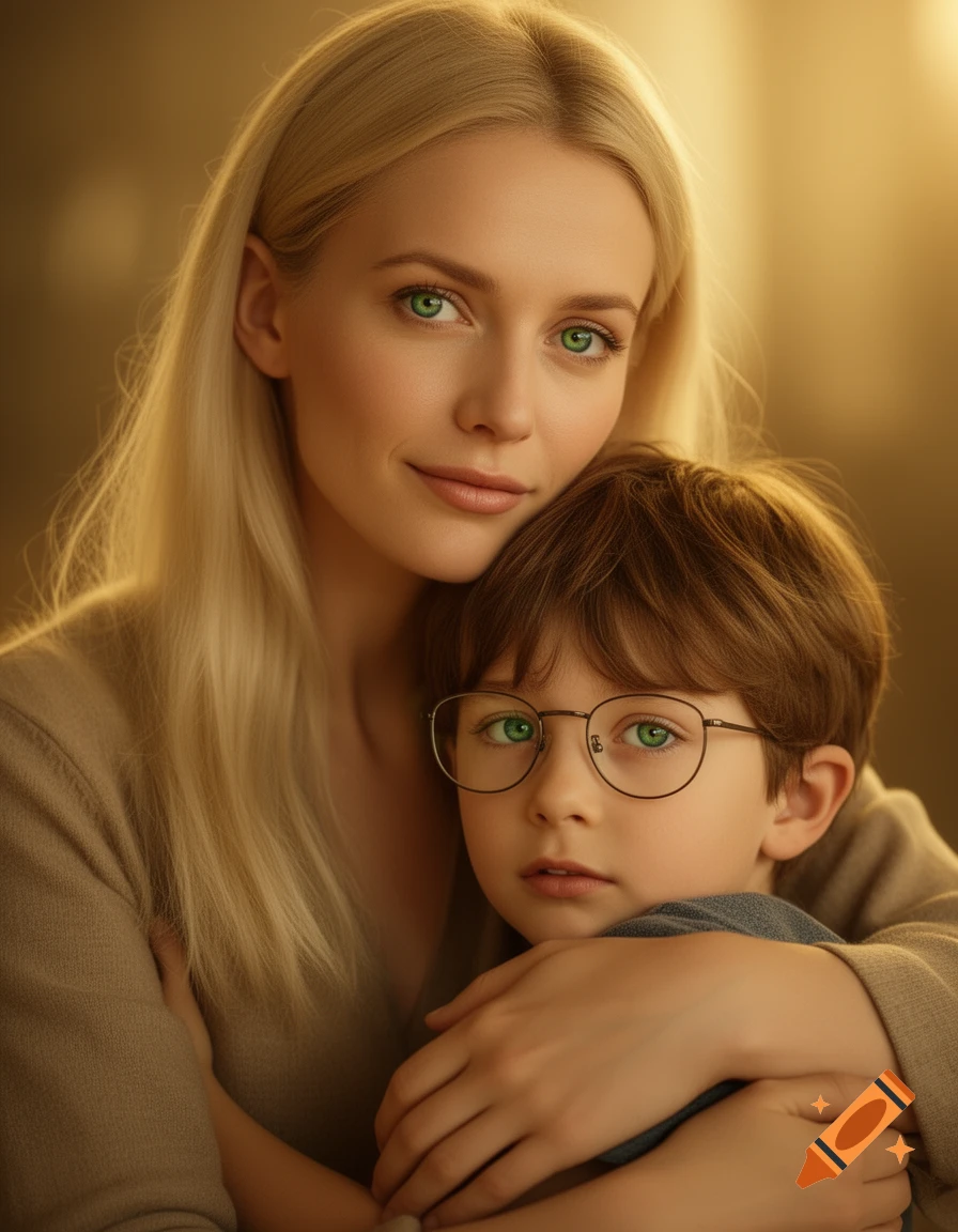 Photorealistic portrait of a blonde woman with green eyes embracing a brown-haired boy in glasses, bathed in warm golden light.