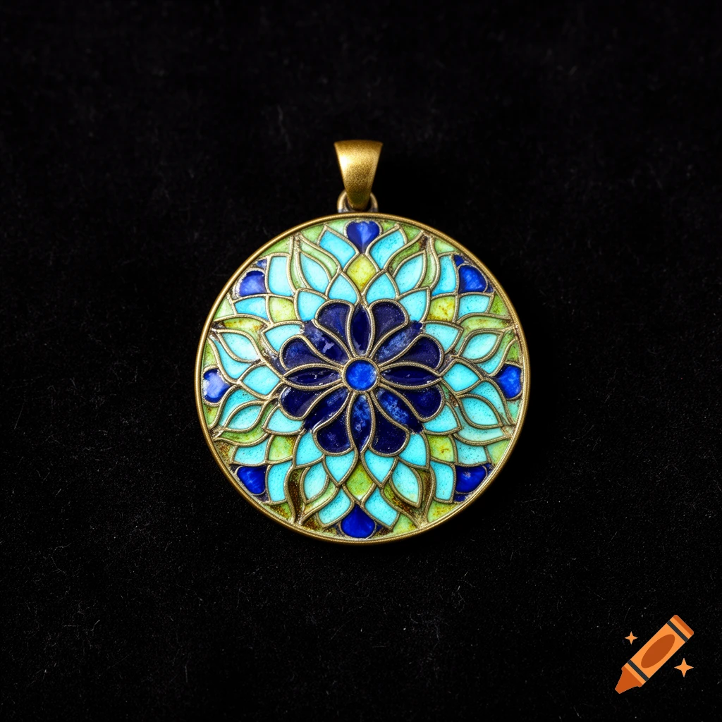 Close-up of a circular pendant with an intricate blue and green floral mandala in stained-glass enamel on a dark background.