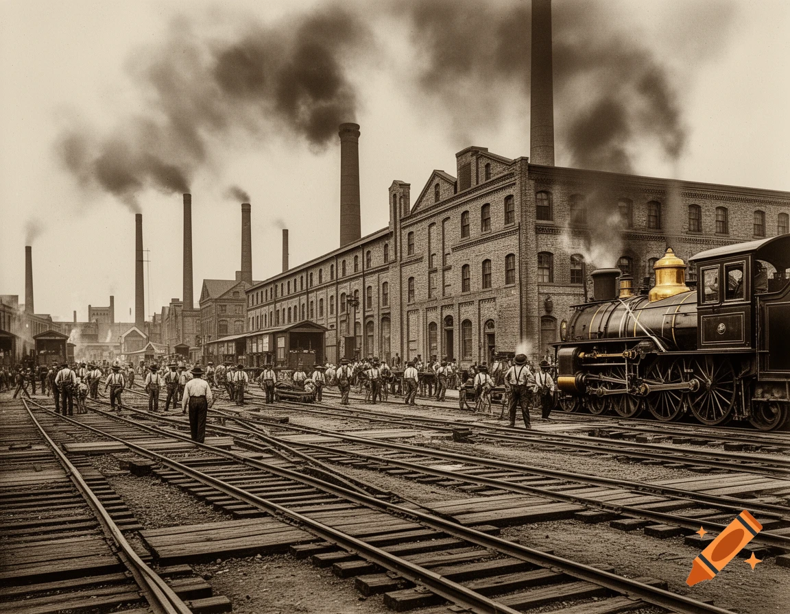 Sepia-toned image of a bustling 1850s industrial scene with factories, smoking chimneys, trains on railways, and numerous workers.