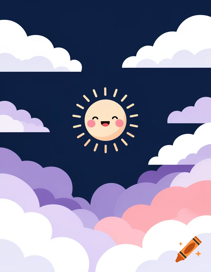 Flat vector illustration of a cute, smiling sun amidst white, purple, and pink clouds against a dark blue sky.
