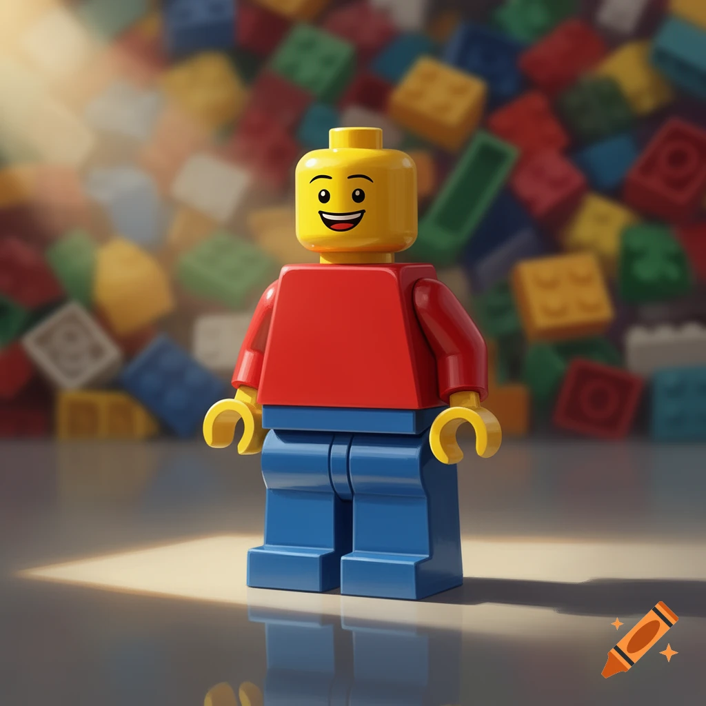 A smiling Lego man with a yellow head, red shirt, and blue pants stands in front of a blurred pile of colorful Lego bricks.