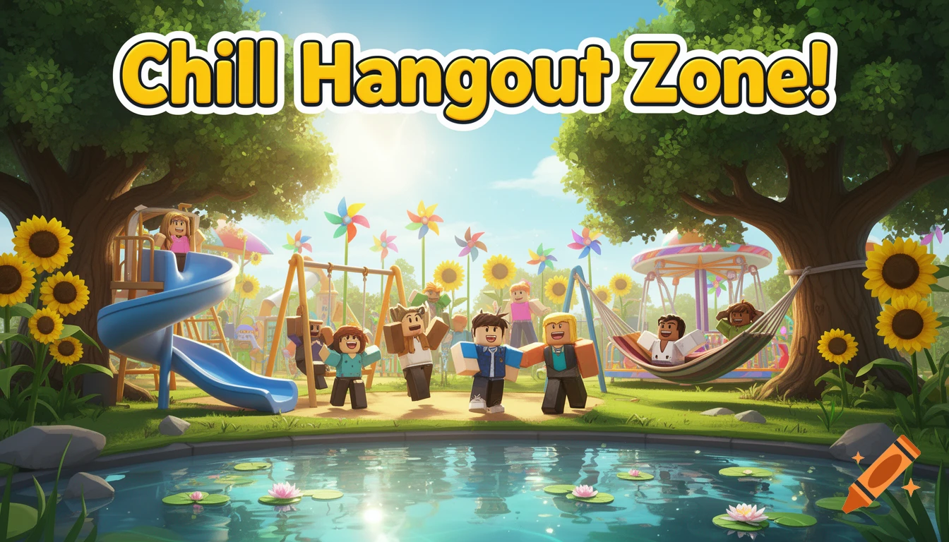 Roblox characters play in a sunny park with slides, swings, a pond, and sunflowers under a "Chill Hangout Zone!" banner.