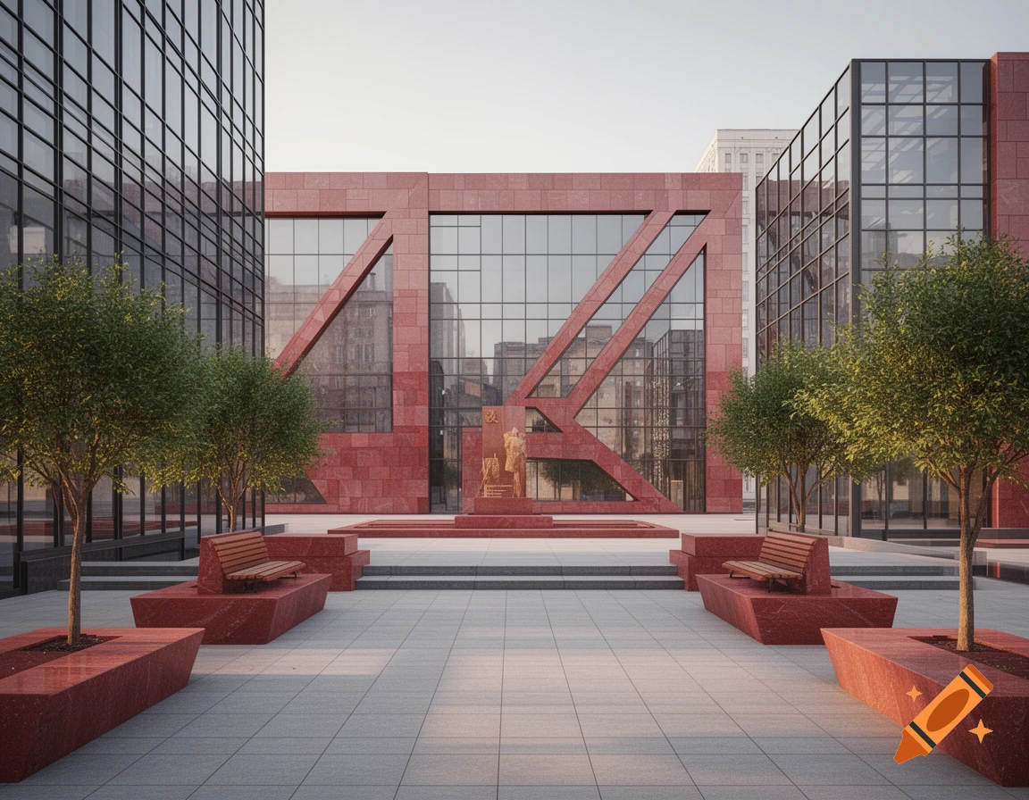 Modern public square with striking red stone and glass buildings, trees, benches, and a central monument.