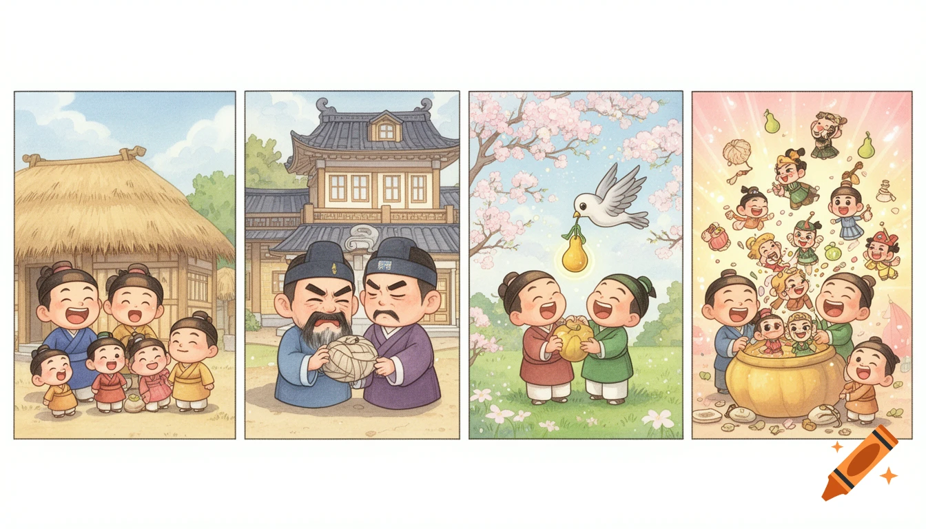 A four-panel comic strip in a children's illustration style depicting a Korean folk tale. Scenes include families, two men, a bird, and a harvest.