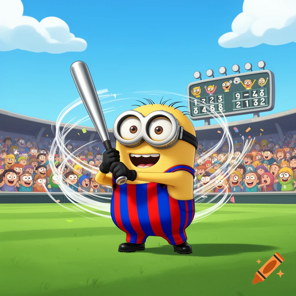 A smiling Minion wearing red and blue striped overalls swings a baseball bat on a green field in a stadium full of cheering cartoon spectators.