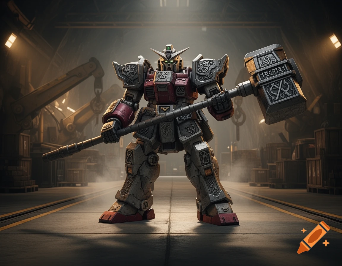 A powerful Gundam-style mech with red and grey armor, adorned with runes, stands in a dark industrial hangar, holding a large hammer.
