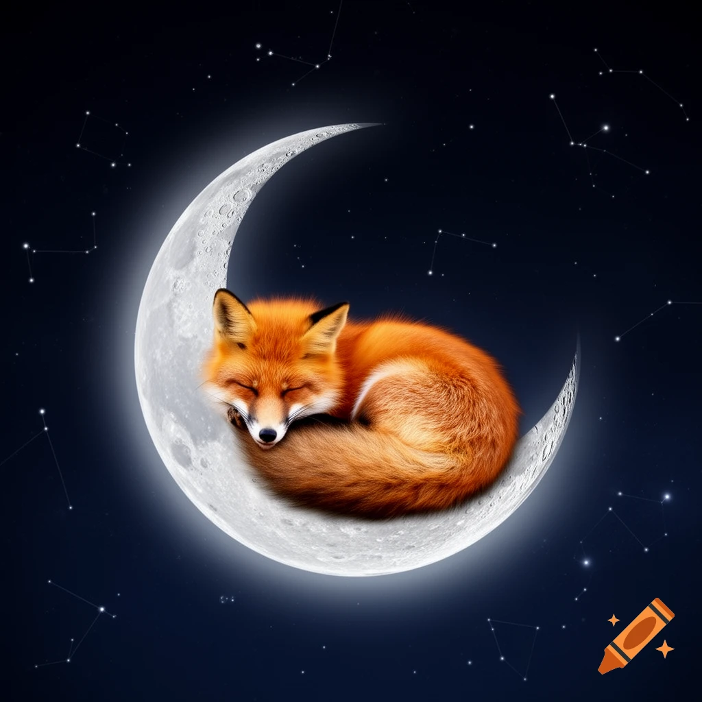 A cute orange fox with closed eyes sleeps curled up on a glowing ...