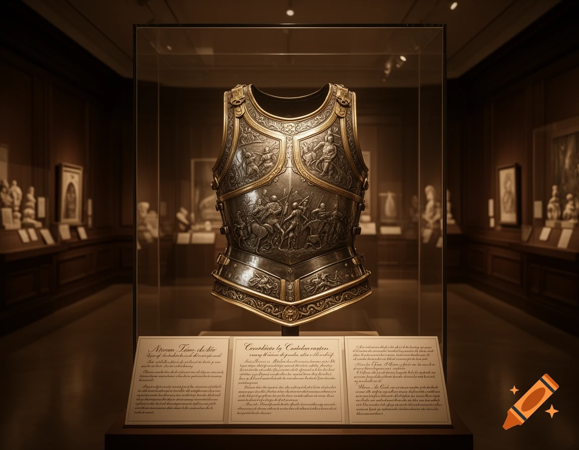 A highly decorated cuirass (chest armor) displayed in a clear glass case in a dimly lit history museum, with exhibition labels below.