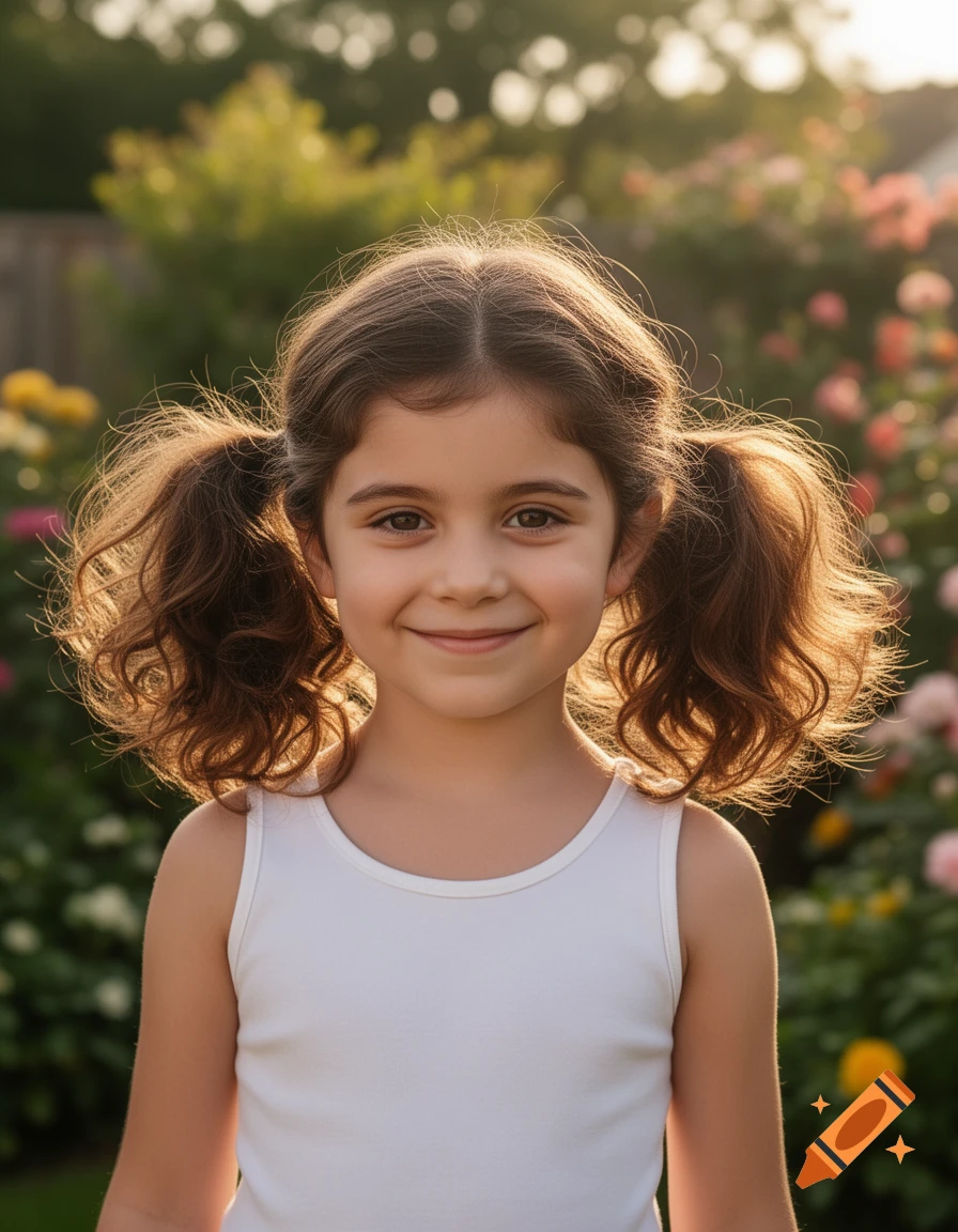 A smiling young girl with curly pigtails, wearing a white tank top, stands in a sunlit garden.